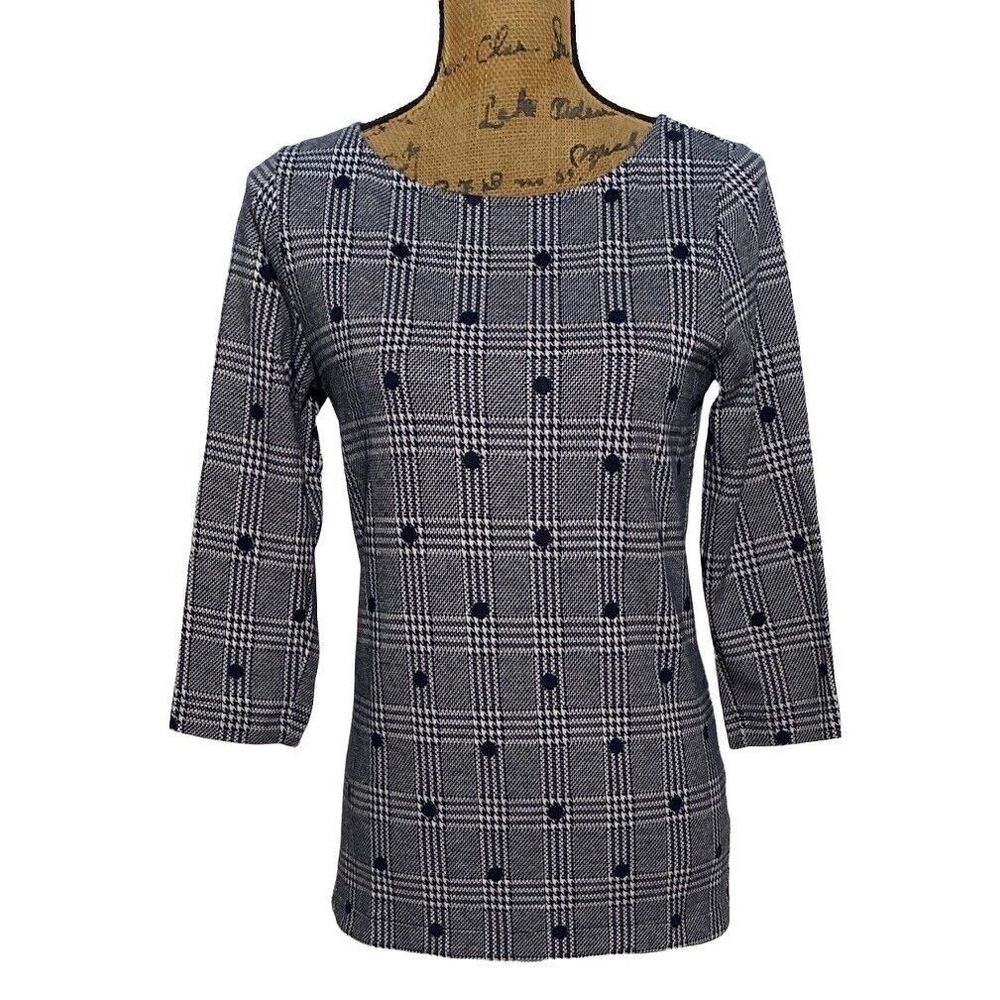Talbots Top SMALL Navy Blue Gray Herringbone‎ Plaid Dots 3/4 Sl Side Slits